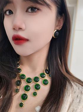 包邮 1964 复古Vintage宫廷风重工夸张镀真金祖母绿琉璃流苏项链