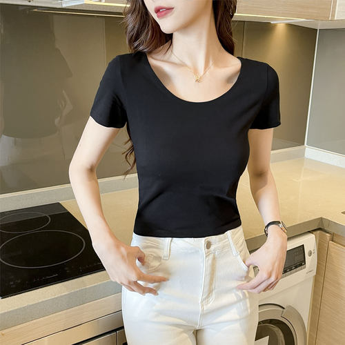 夏上新高腰露脐上衣短款黑色短袖T恤女纯棉漏肚脐修身低圆领露背t - 图0
