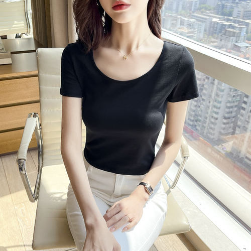 夏上新高腰露脐上衣短款黑色短袖T恤女纯棉漏肚脐修身低圆领露背t - 图1