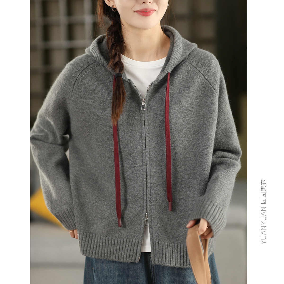 加厚羊毛高端毛衣冬季连帽女时尚双头拉链保暖开衫外套针织衫