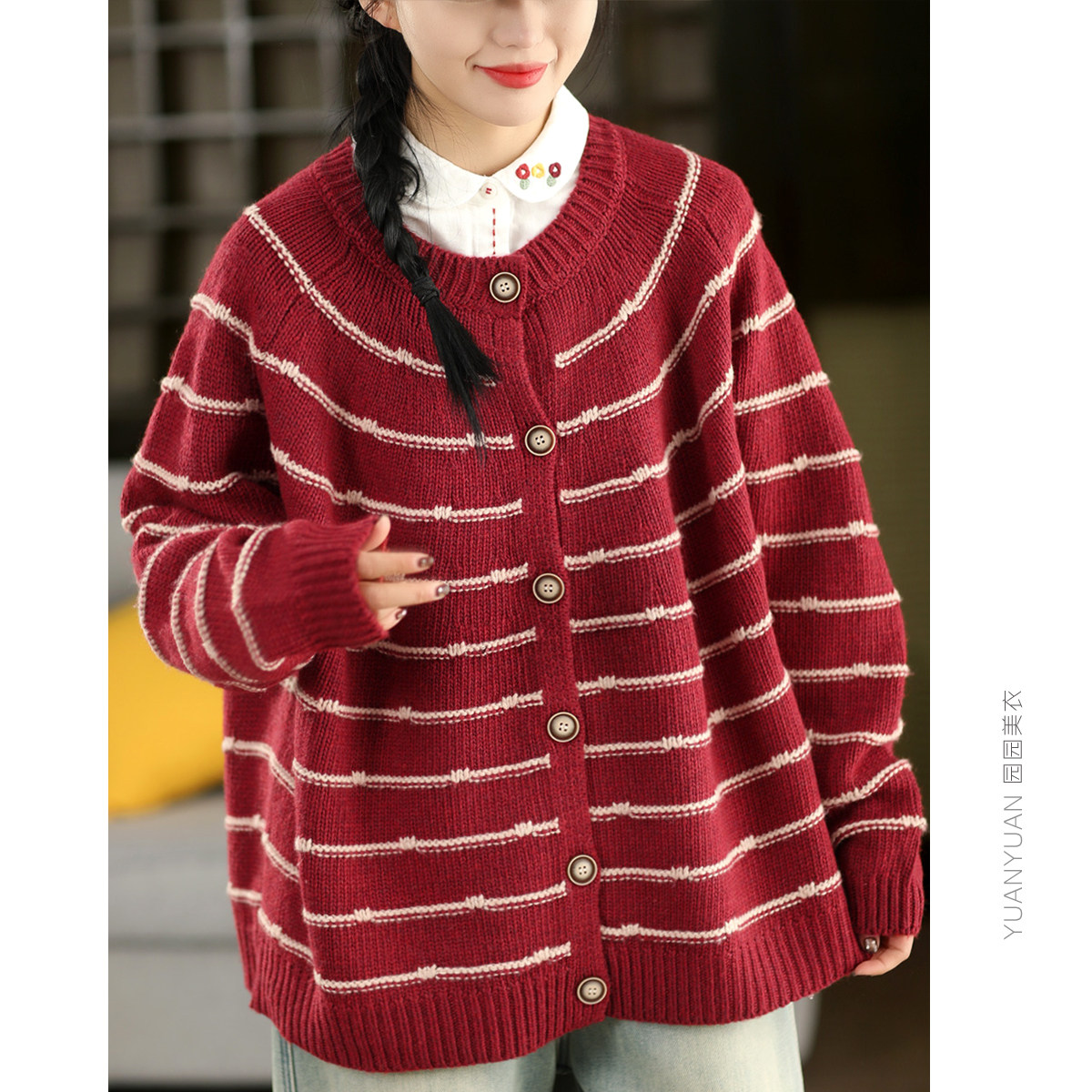 高品质 新款复古勾线条纹针织毛衣女春款单排扣长袖外搭休闲上衣,淘宝优惠券,粉丝福利购,淘宝优惠卷