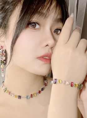 糖果彩色水晶锆石时尚气质项链森系女甜美锁骨链设计轻奢小众套装