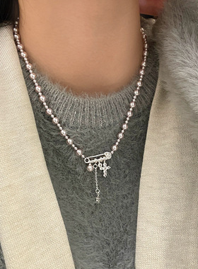 曼塔玫瑰施家珍珠别针十字架锆石项链设计感精致甜美女锁骨链颈链