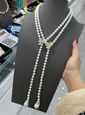 新中式串珠8M长款毛衣链雪花锆石珍珠巴洛克项链秋冬女百搭高级感