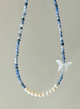 S925纯银天然石蝴蝶珍珠项链女夏季气质百搭高级感毛衣链串珠颈链