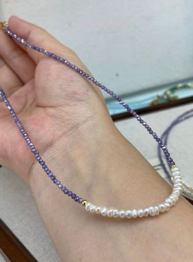 日韩小众简约闪亮桔红锆石淡水珍珠紫色串珠日常百搭女通勤锁骨链