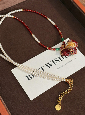 新中式国潮本命年复古红色滴油小马吊坠项链女配饰秋冬长款毛衣链