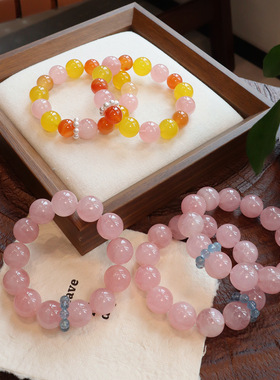 天然马达加斯加粉水晶手串海蓝宝跑环转运串珠手链手玛瑙多宝水晶