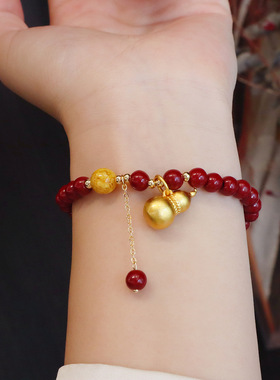 新中式国潮手饰品葫芦莲花马上有钱朱砂手链转运珠女款沙金手串