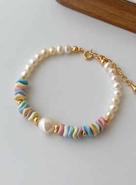 彩虹石多巴胺珍珠项链配饰女款轻奢小众锁骨链高级感串珠颈链饰品