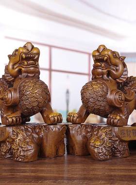 实木雕貔貅摆件招财一对公母红木质皮休客厅店铺开业办公室装饰品