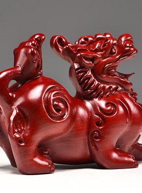 红色木质貔貅摆件木雕刻貔貅一对实木客厅玄关办公装饰开业送礼品