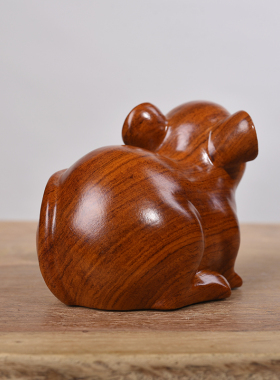 花梨实木雕刻老鼠摆件木头十二生肖发财鼠红木家居客厅装饰工艺品