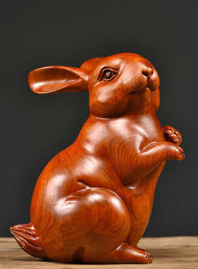 花梨木雕兔子摆件实木十二生肖兔家居客厅红木质动物装饰工艺礼品