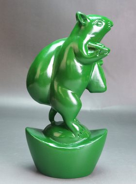 绿色木雕老鼠摆件十二生肖鼠把件实木文玩元宝鼠客厅装饰红木礼品