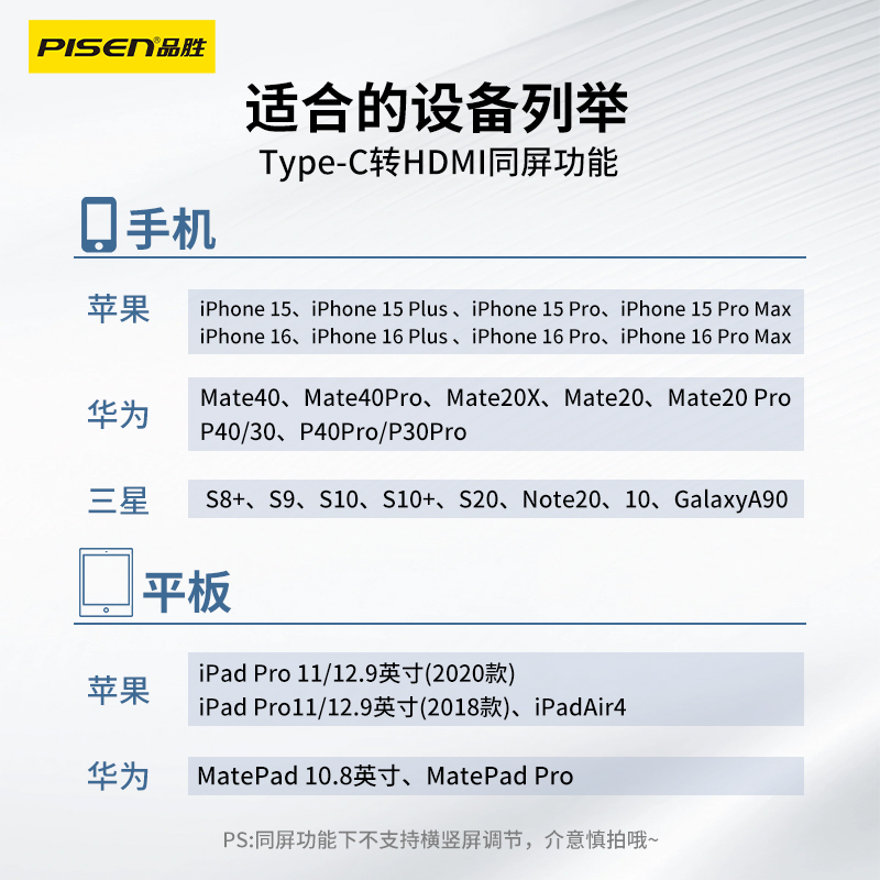 品胜typec转hdmi手机电脑电视投屏转换连接线笔记本投影仪适用iPhone15苹果16pro华为外接显示器4K直播同屏器