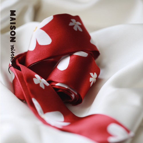 Maison Mistral 海岸之风 酒红茉莉真丝长丝巾绑包包细窄长条发带 - 图0