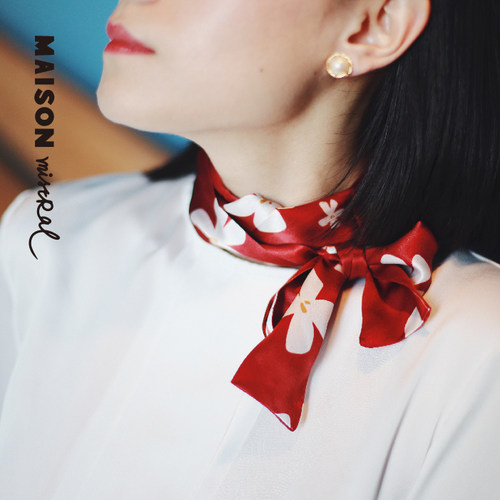 Maison Mistral 海岸之风 酒红茉莉真丝长丝巾绑包包细窄长条发带 - 图1