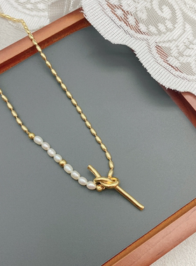 铜镀金圆珠链珍珠镶嵌气质项链女