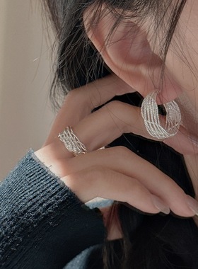 S925纯银韩版小众设计感闪光复古编织戒指韩式风个性手工指环