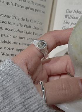 S925纯银韩版小众设计感肌理感锆石戒指韩国风简约时髦纹理指环