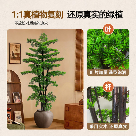 Simulated green plants welcome guests to the antique-style high-end living room in the pine