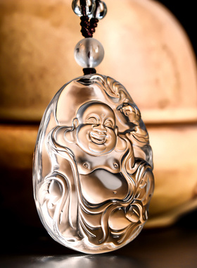 天然白水晶吊坠玉石笑佛项链挂件