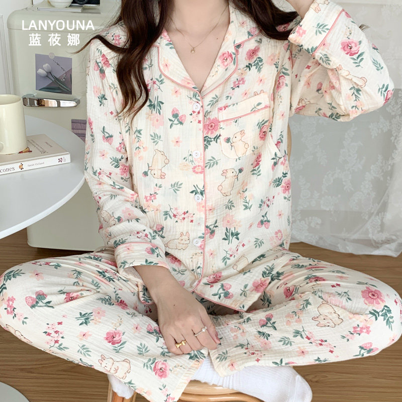 月子服纯棉纱布产后薄款3月份睡衣 蓝莜娜家居服套装