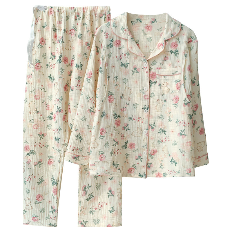 月子服纯棉纱布产后春秋3月份睡衣 蓝莜娜家居服套装