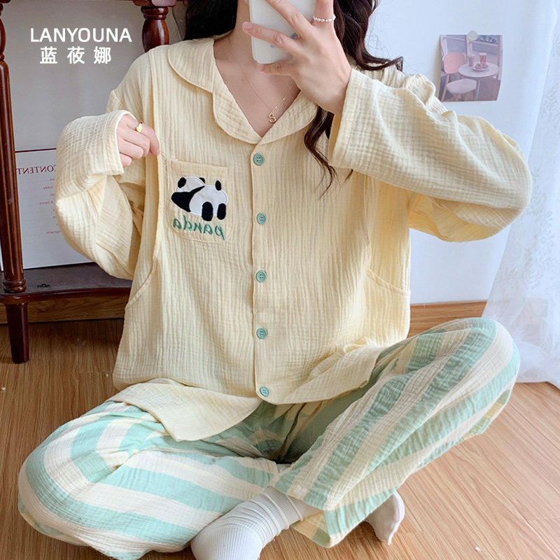 孕妇春秋款纯棉纱布月子服睡衣 蓝莜娜家居服套装