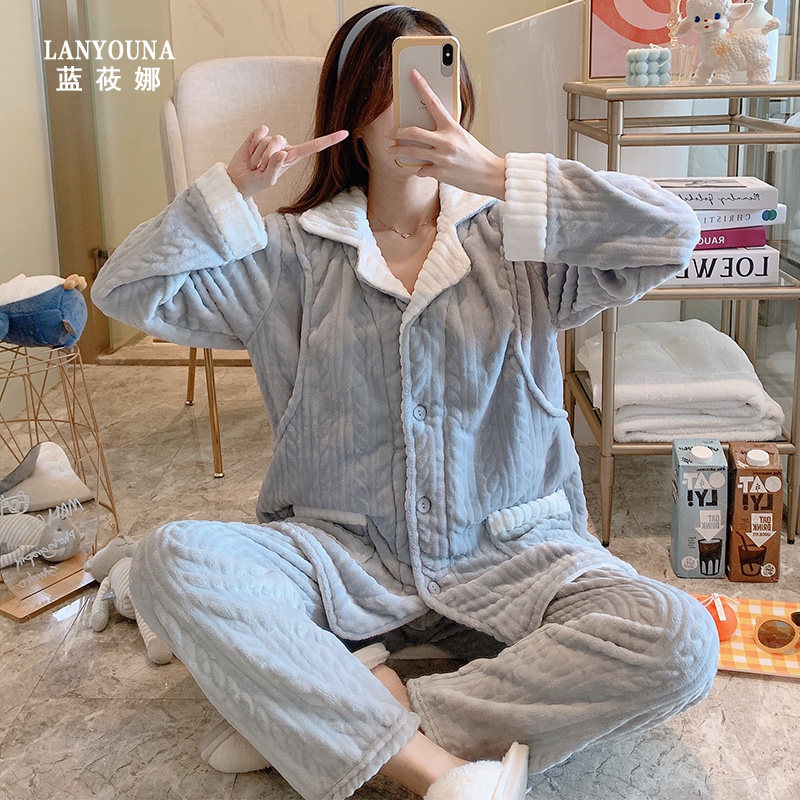 月子服秋冬季10月份11产后加绒睡衣 蓝莜娜家居服套装