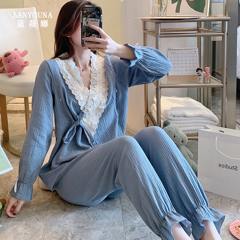 孕妇夏季纯棉纱布月子服哺乳期睡衣 蓝莜娜家居服套装
