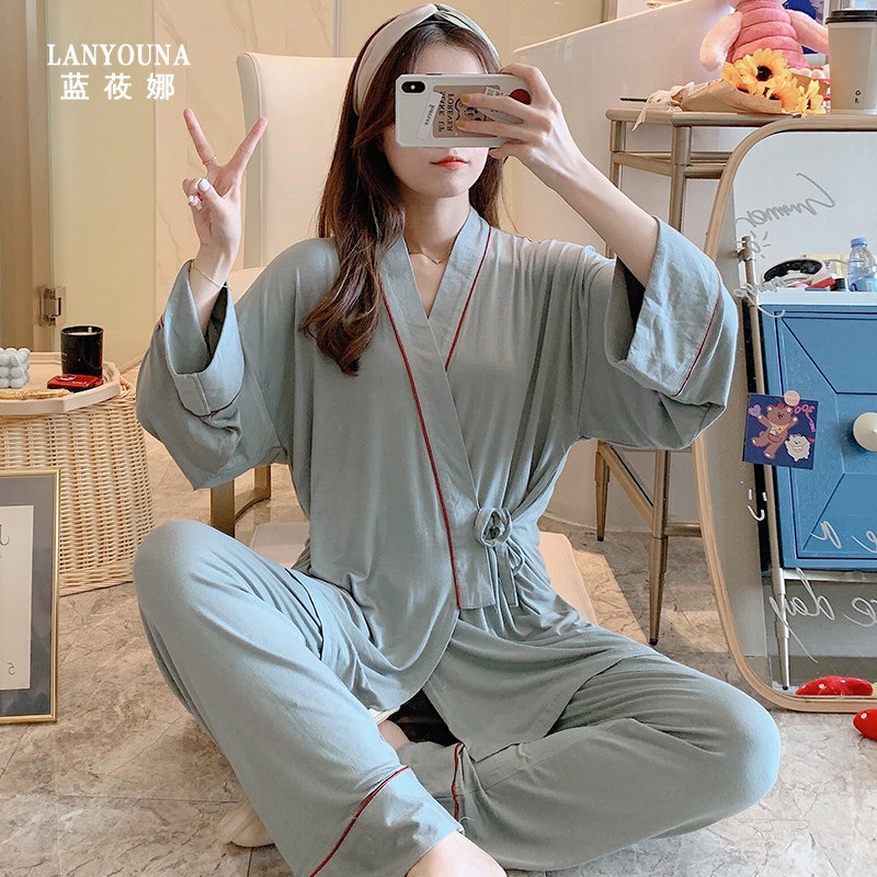 月子服夏薄款产后莫代尔喂奶9睡衣 蓝莜娜家居服套装