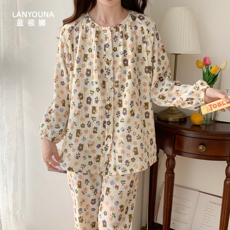 月子服纯棉纱布夏季产后3月份睡衣 蓝莜娜家居服套装