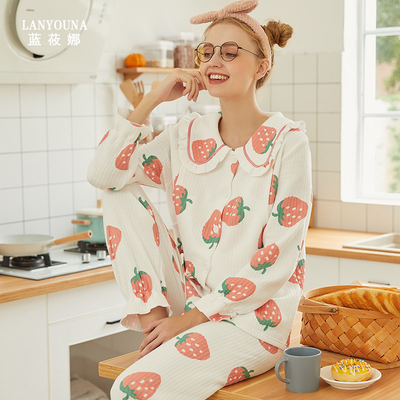 月子服纯棉产后秋冬季9月份10睡衣 蓝莜娜家居服套装