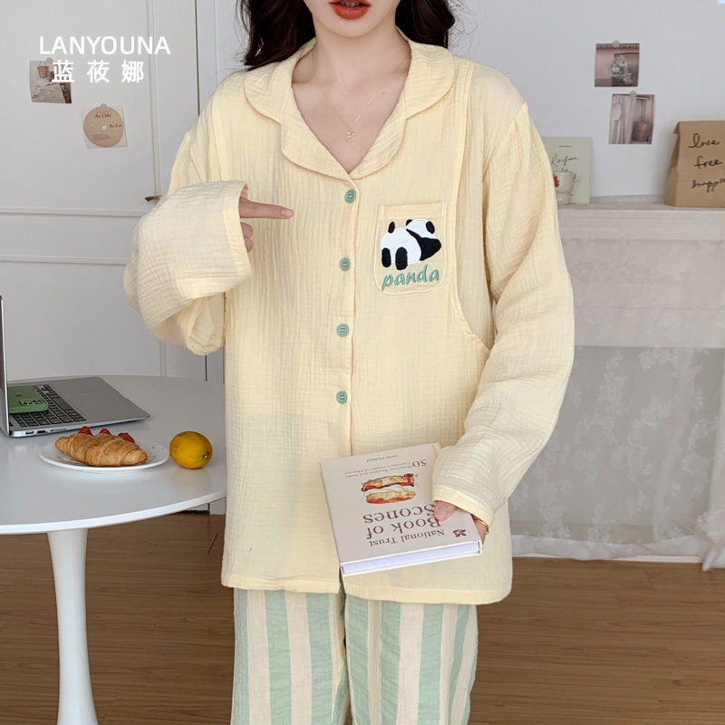 孕妇春秋款纯棉纱布月子服睡衣 蓝莜娜家居服套装