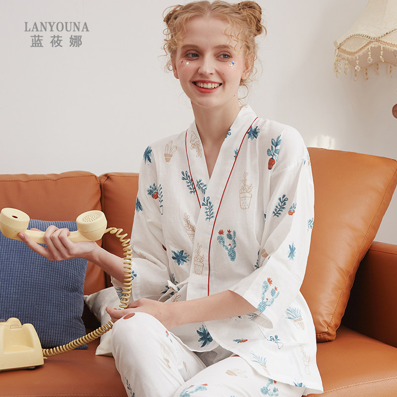 月子服夏季纯棉纱布孕妇哺乳期睡衣 蓝莜娜家居服套装