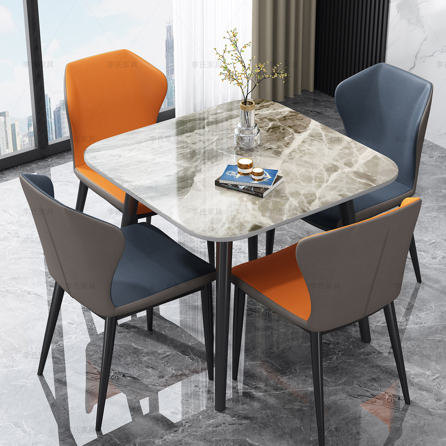 现代简约正方形岩板圆餐桌家用小户型大理石接待洽谈阳台桌椅组合,淘宝优惠券,粉丝福利购,淘宝优惠卷