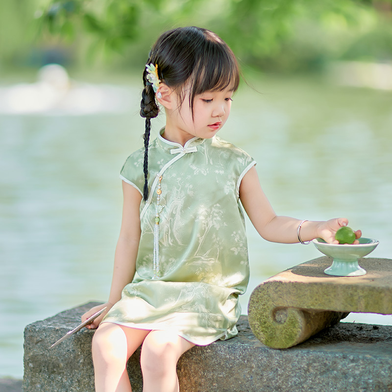 萌乎.夏无眠 女童真丝旗袍儿童改良新中式唐装宝宝高端礼服抓周服 - 图2