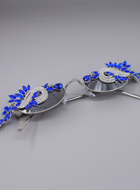 个性孔雀羽毛镶钻金属框墨镜女