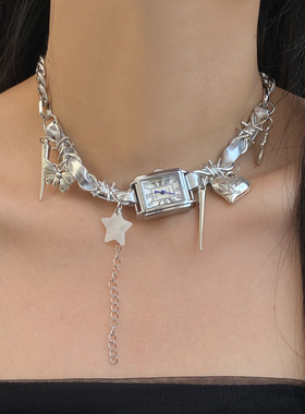 金属皮质女爱心表流苏锁骨项链