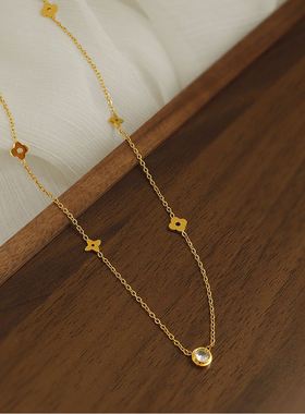 钛钢不掉色四叶花小方块轻奢高级感气质女款锁骨链百搭时尚项链