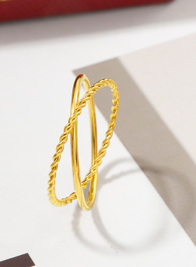 冷淡风简约麻花素圈交叉双环戒指小众设计森系文艺不掉色钛钢戒女