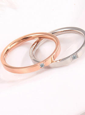 日韩版极细款一粒单钻戒指 玫瑰金微镶钻石情侣对戒女款钛钢戒指