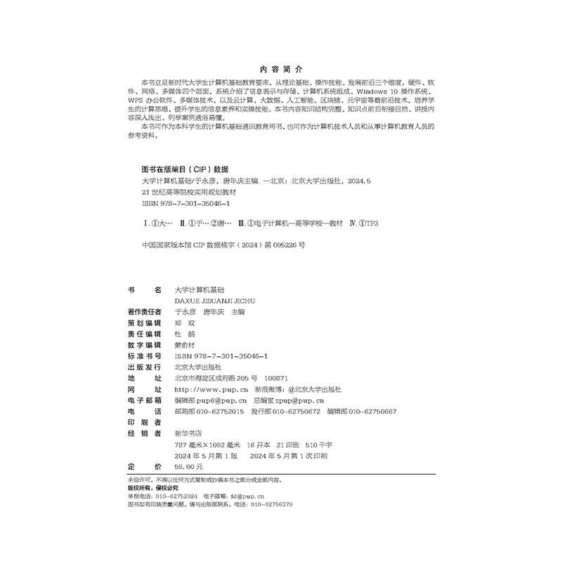 正版2024新书 大学计算机基础 于永彦 唐年庆 21世纪高等院校实用规划教材 北京大学出版社9787301350461