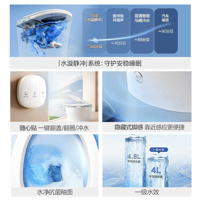 【静音安睡】恒洁轻智能马桶座圈恒温抗菌脚感冲水坐便器零压606P,淘宝优惠券,粉丝福利购,淘宝优惠卷