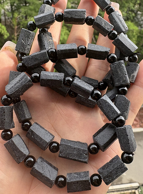 天然黑碧玺原石手链男女款单圈打磨柱子手串饰品礼物民族