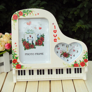优雅钢琴相框带闹钟的田园花语爱心摆台摆件5寸竖版相架生日礼品