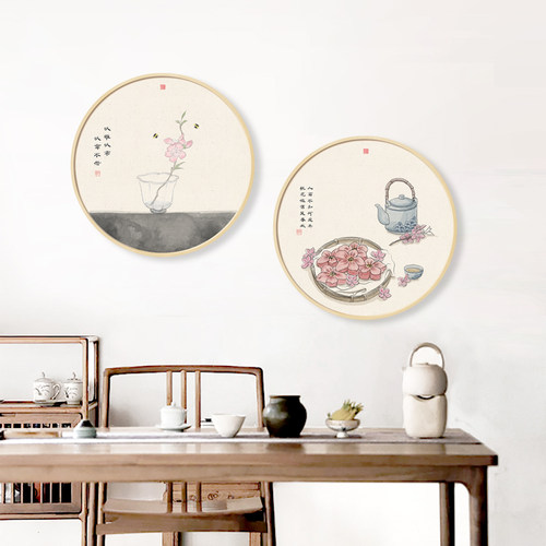新中式客厅背景墙圆形实木框装饰画手绘清新图案挂画玄关茶室墙画 - 图2