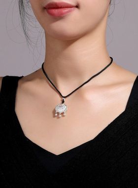 银色平安锁项链女黑绳